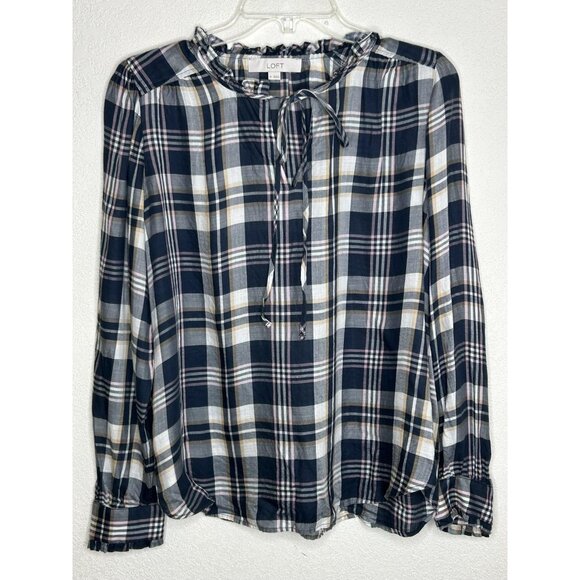 LOFT Shirt Womens Medium Navy Blue Plaid Long Sleeve Ruffle Neck Blouse Top - Picture 1 of 10